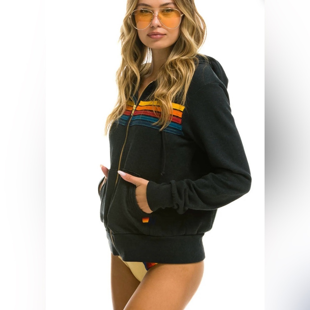 Aviator Nation 5 STRIPE HOODIE - CHARCOAL -NWOT